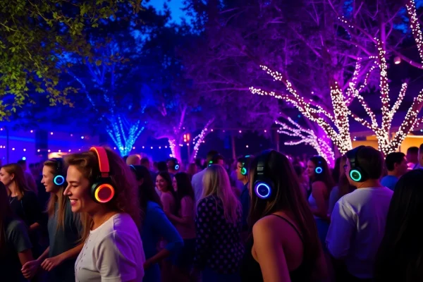 Dance at a Silent Disco Fort Collins with vibrant LED headphones and colorful outdoor lights.