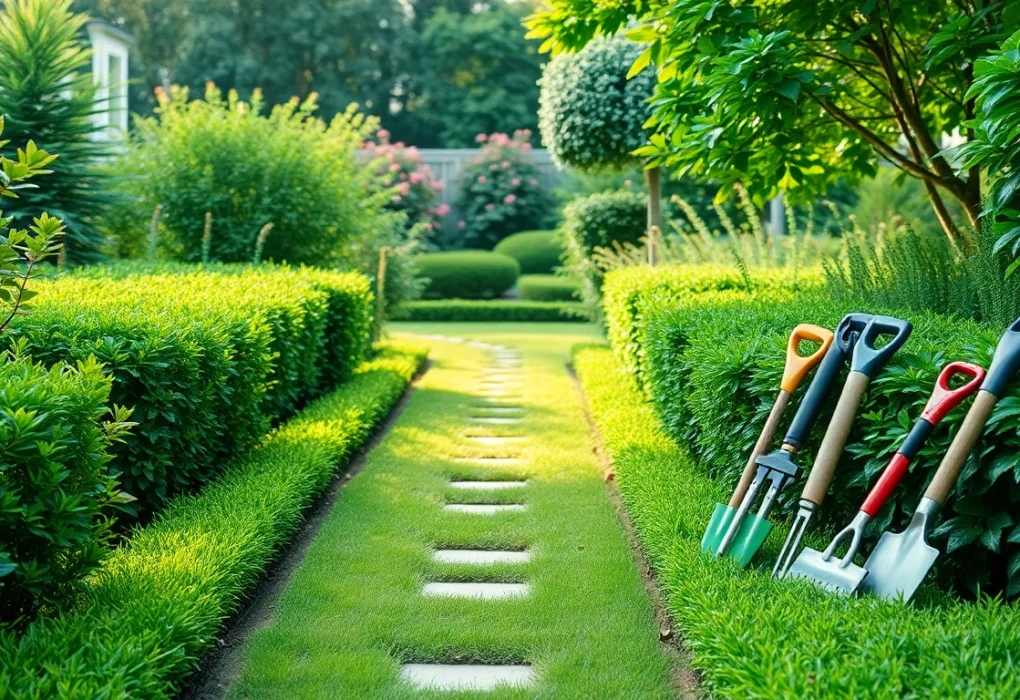 Enhance your garden with our professional garden maintenance service, showcasing beautifully manicured plants and tools.