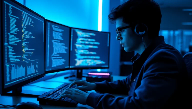 A professional hacker analyzing security analytics on dual monitors in a modern office, showcasing high-tech environments and coding expertise.