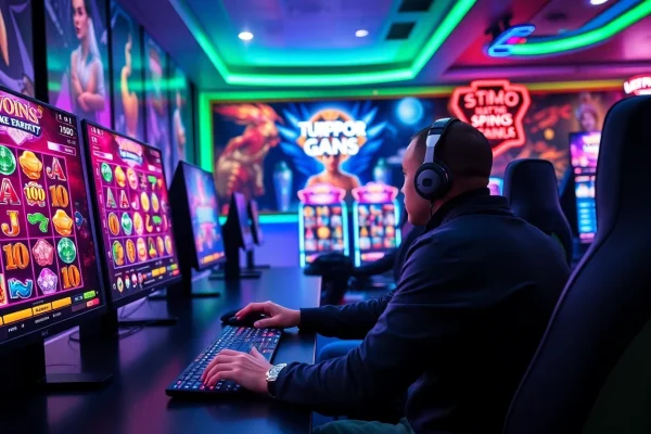 Panduan Lengkap Slot Demo: Cara Bermain dan Manfaatnya Slot demo menunjukkan gamer asyik bermain di depan layar dengan lampu RGB.