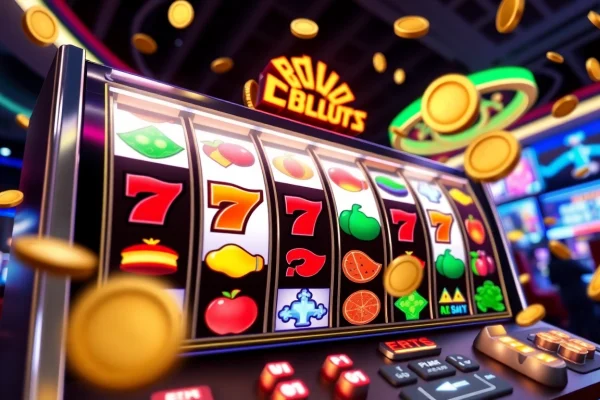 Permainan slot demo menampilkan gulungan berwarna-warni dan animasi menarik di kasino digital.