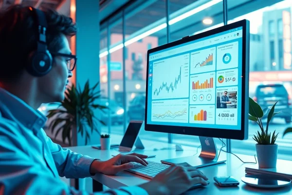 AI marketing agents automating data analysis in a vibrant office setting, visually engaging marketing professionals.
