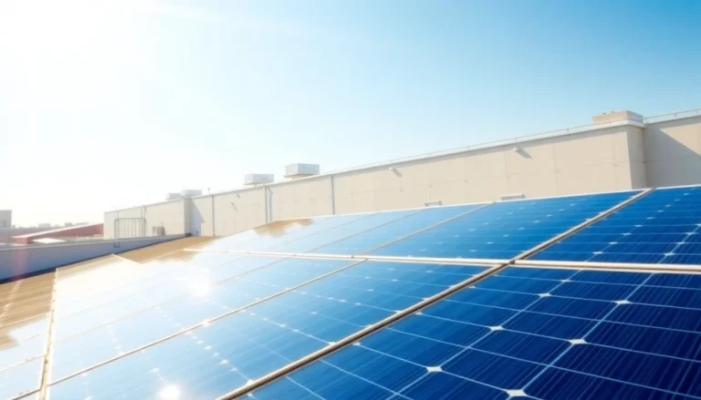 Highlighting commercial solar panels on a rooftop installation, illustrating sustainability and clean energy solutions for businesses.