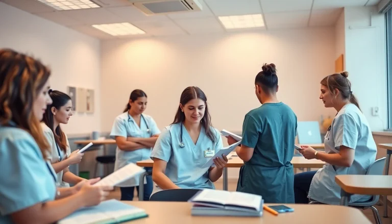 Nursing homework collaboration among students in a bright, engaging classroom environment.