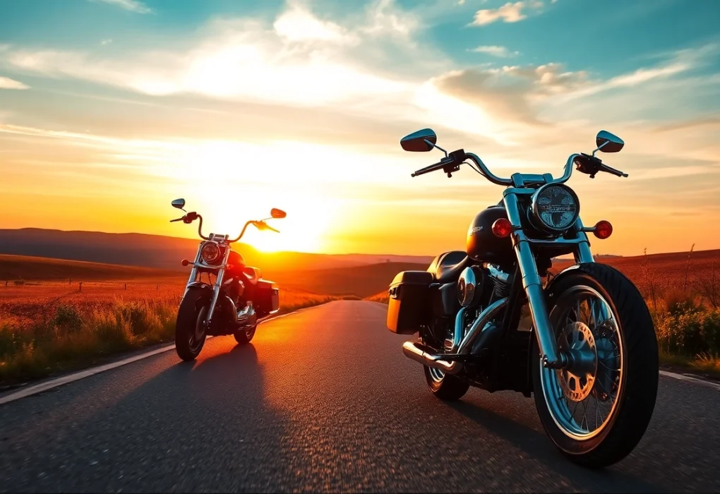 Harley Davidson Motorrad auf einer malerischen Landstraße bei Sonnenuntergang fährt dynamisch vorüber.