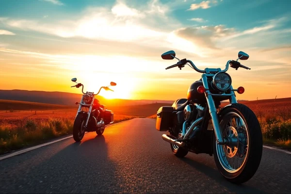Harley Davidson Motorrad auf einer malerischen Landstraße bei Sonnenuntergang fährt dynamisch vorüber.