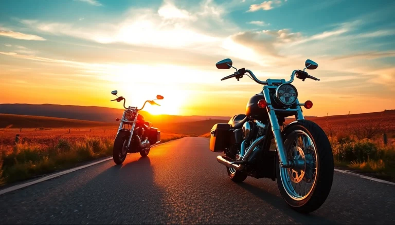 Harley Davidson Motorrad auf einer malerischen Landstraße bei Sonnenuntergang fährt dynamisch vorüber.