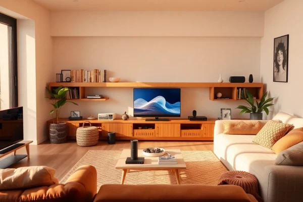 Showcase the best smart home gadgets enhancing a modern living room's ambiance with technology.
