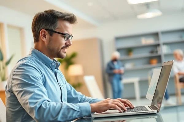 Gezielte Marketingstrategien für Pflegedienste: Pflegeexperte analysiert Daten auf Laptop.