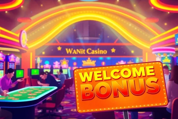 Claim your welcome bonus with an inviting casino scene featuring vibrant gaming tables.