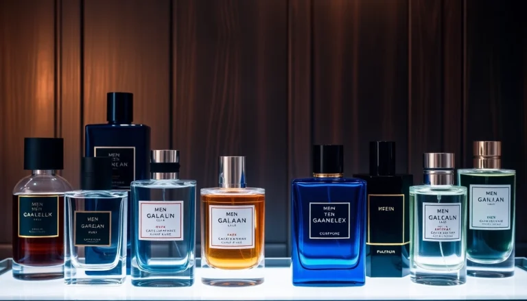 Men's fragrance bottles showcasing sophistication on a modern wooden display, illuminated to accentuate their elegance.