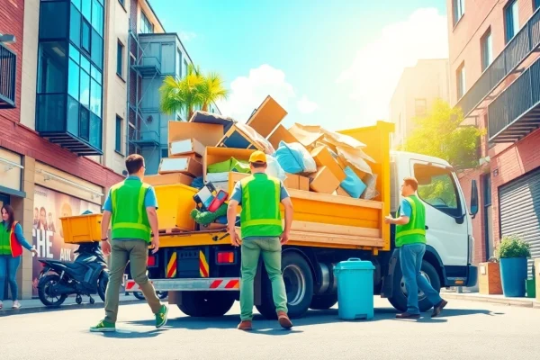 Efficient rubbish clearance services in action as a team removes clutter from an urban space.