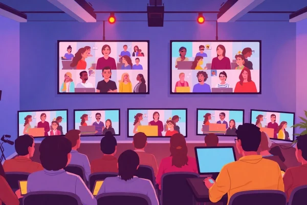 A diverse live stream audience engaging actively during a virtual event, showcasing excitement and participation.