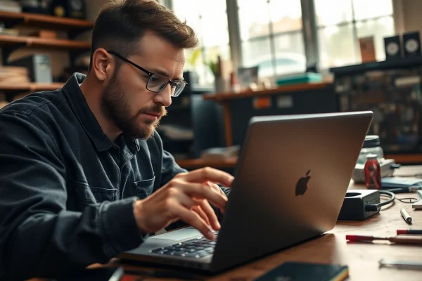 Riparazione pc torino con un tecnico esperto al lavoro su un laptop in un negozio accogliente.