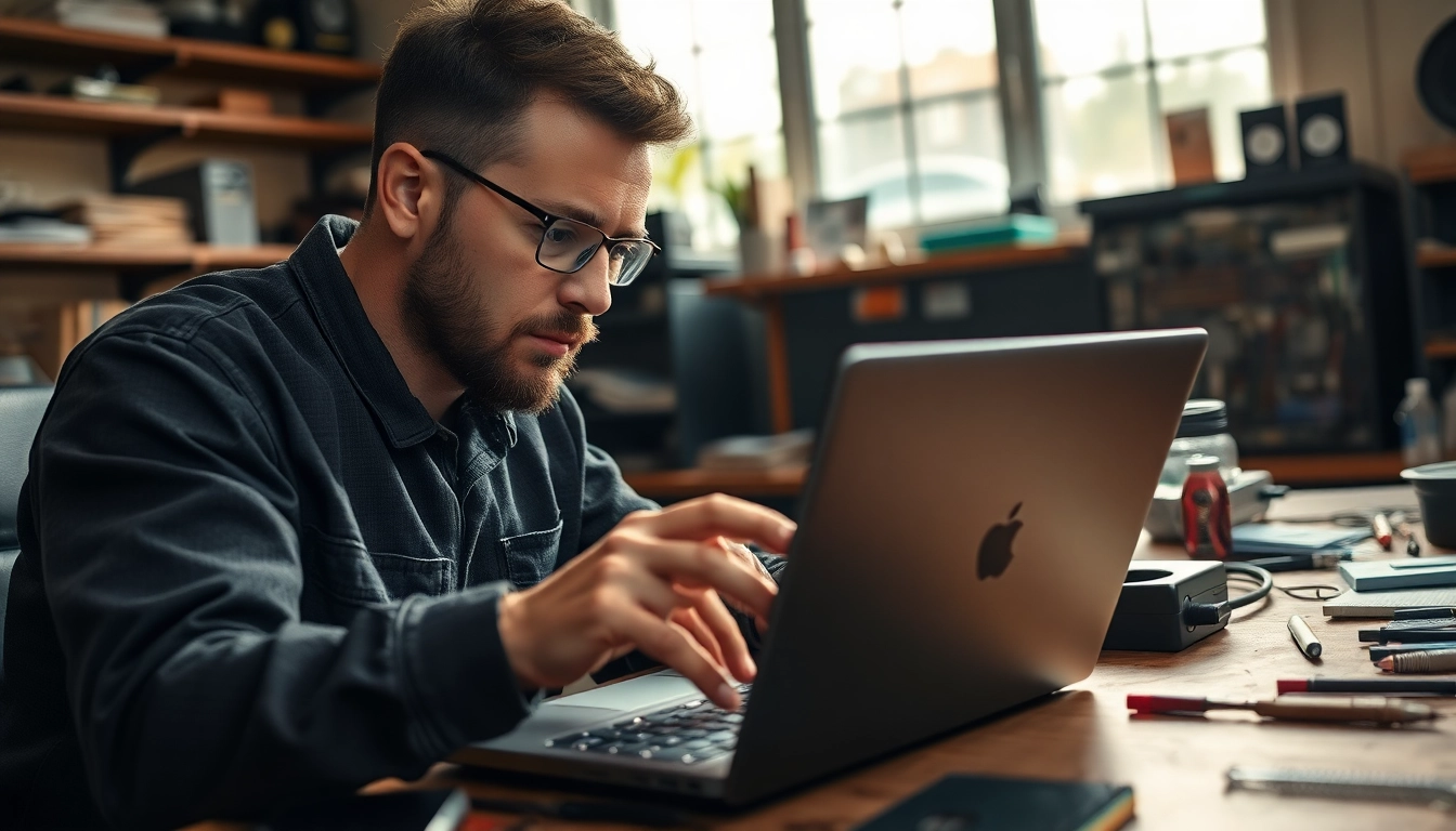 Riparazione pc torino con un tecnico esperto al lavoro su un laptop in un negozio accogliente.