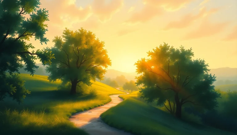 Experience life through a serene landscape with sunlight peeking through trees.