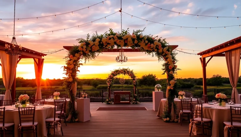 Discover captivating DFW wedding venues with stunning floral decorations and a romantic sunset backdrop.
