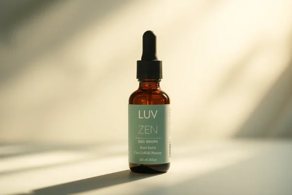 Showcasing LUV Zen Drops to promote relaxation and stress relief with elegant bottle design.