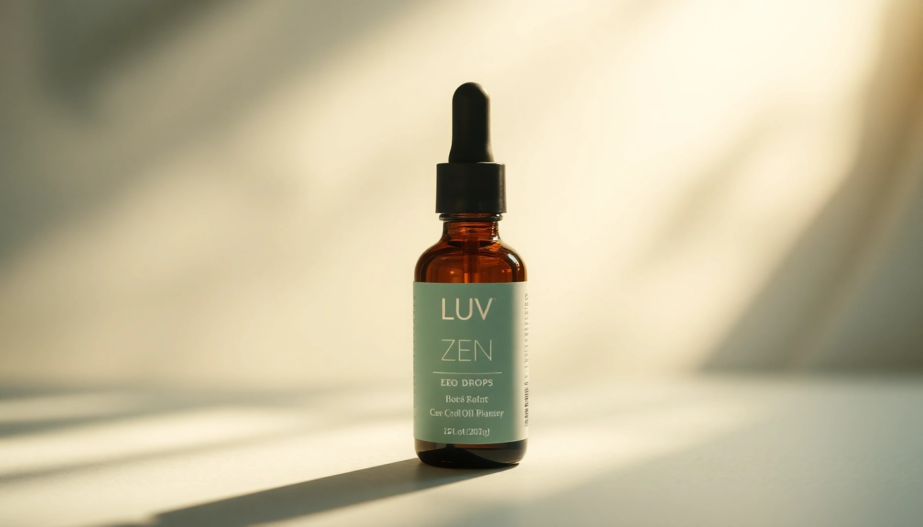 Showcasing LUV Zen Drops to promote relaxation and stress relief with elegant bottle design.
