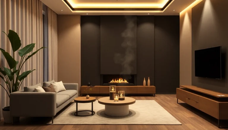 Automatic bioethanol fireplace illuminating a modern living space with cozy ambiance and advanced features.