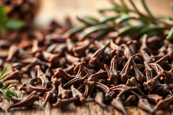 Unveiling the Rich Flavor and Health Benefits of Cloves Whole cloves displayed on a rustic table, showcasing their unique shapes and rich brown colors.