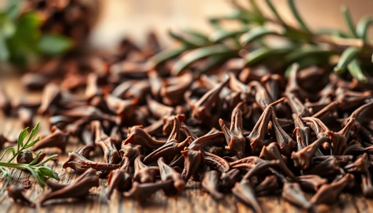 Whole cloves displayed on a rustic table, showcasing their unique shapes and rich brown colors.
