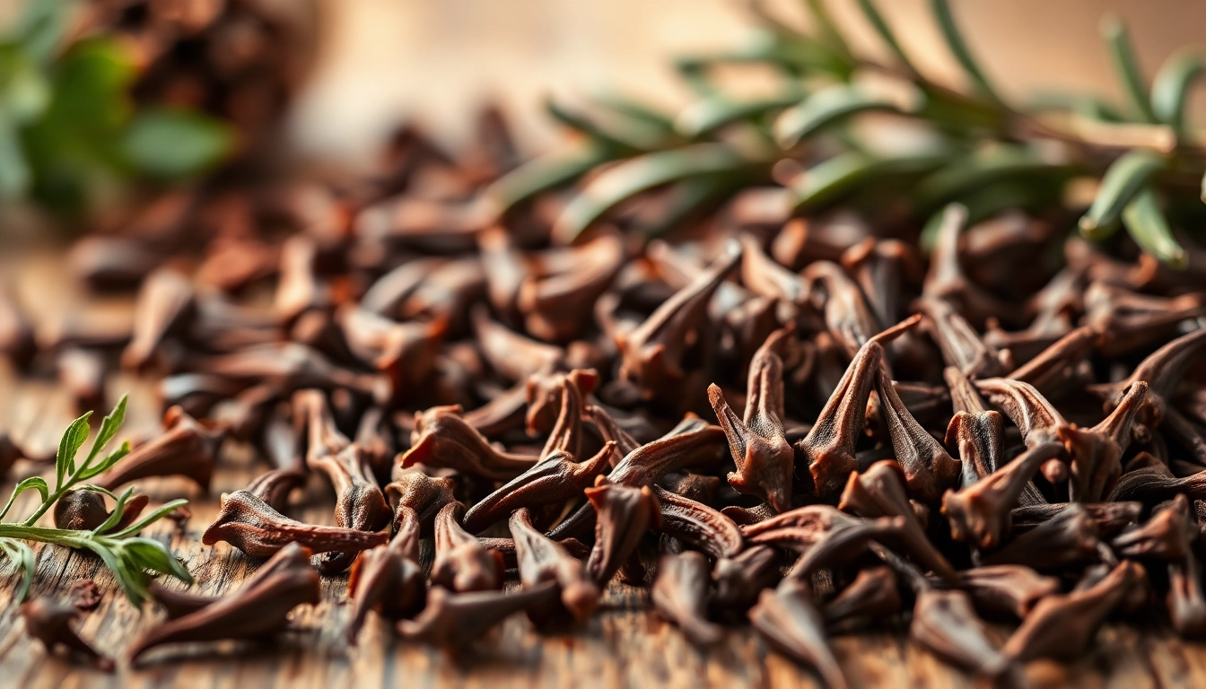 Whole cloves displayed on a rustic table, showcasing their unique shapes and rich brown colors.