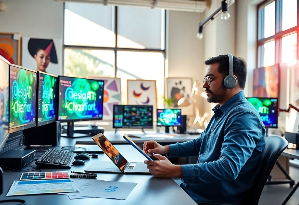 Elevate Your Projects with Effective AI Design Solutions for Creative Professionals Showcasing innovative AI design solutions in a creative workspace with a graphic designer at work.