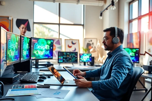 Elevate Your Projects with Effective AI Design Solutions for Creative Professionals Showcasing innovative AI design solutions in a creative workspace with a graphic designer at work.