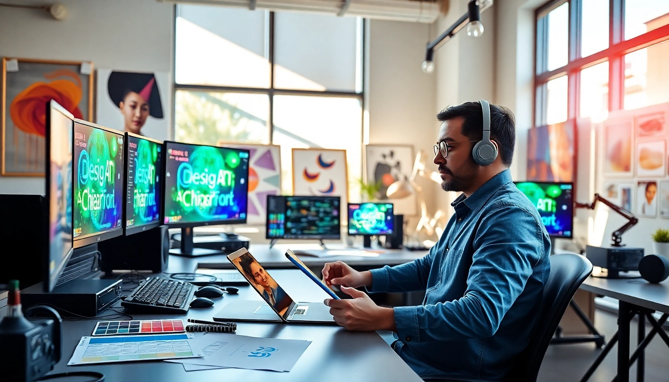 Showcasing innovative AI design solutions in a creative workspace with a graphic designer at work.