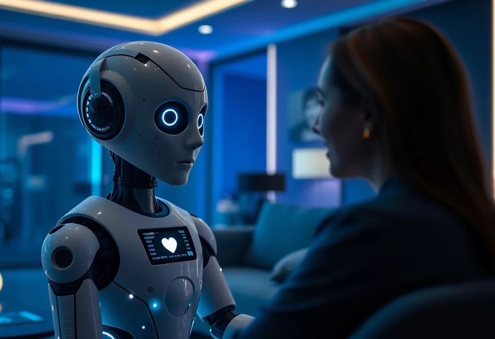Engaging AI sex bot in intimate conversation within a modern environment.