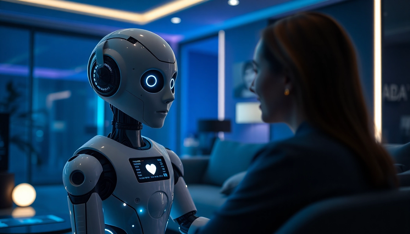 Engaging AI sex bot in intimate conversation within a modern environment.