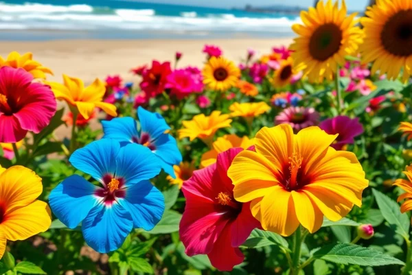 Admire Huntington Beach flowers blooming vibrantly in a sunny coastal garden.
