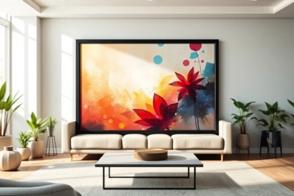 Display a stylish 24x36 frame with vibrant art in a modern living room environment.