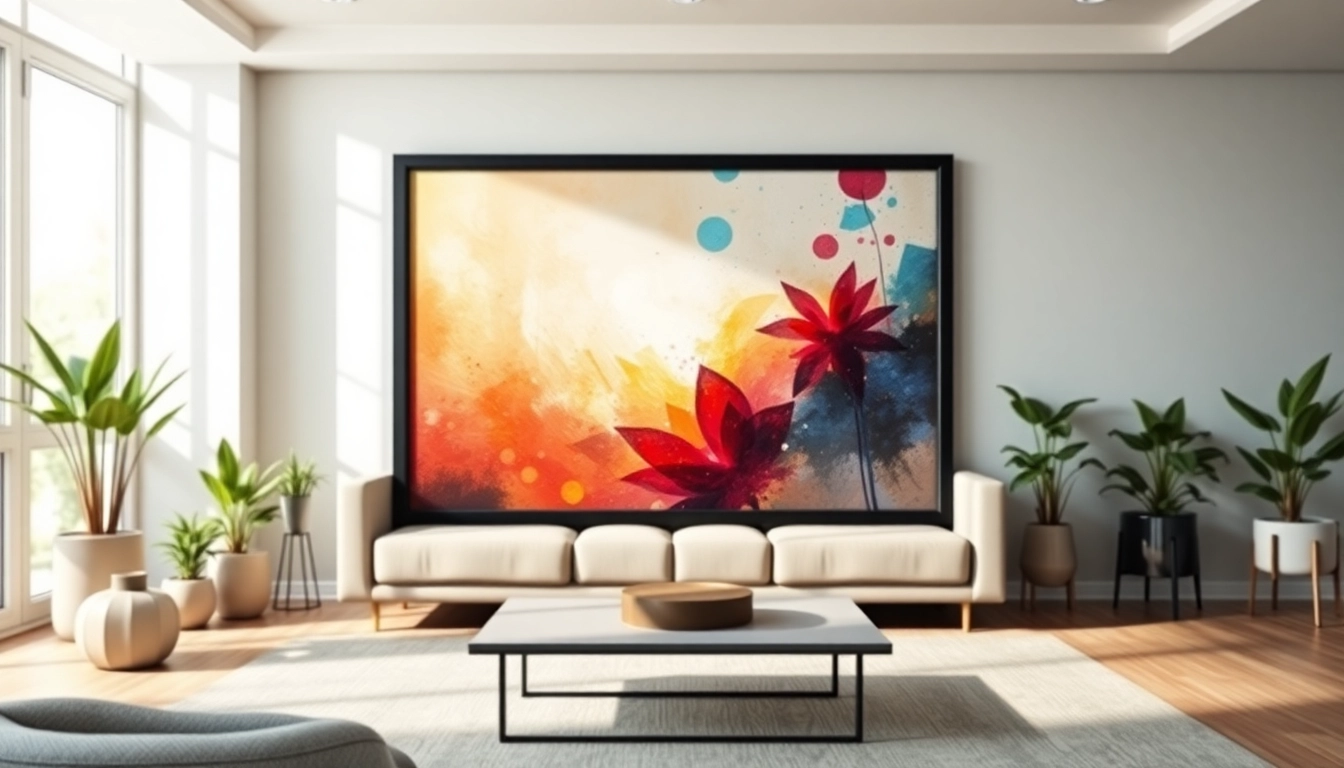 Display a stylish 24x36 frame with vibrant art in a modern living room environment.