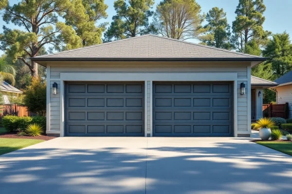 Showcase your custom garages with a stylish two-car design amidst a beautiful landscape.
