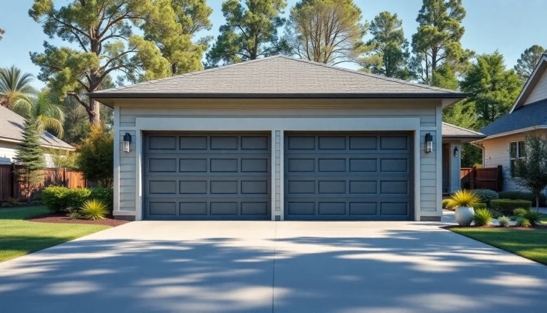 Showcase your custom garages with a stylish two-car design amidst a beautiful landscape.