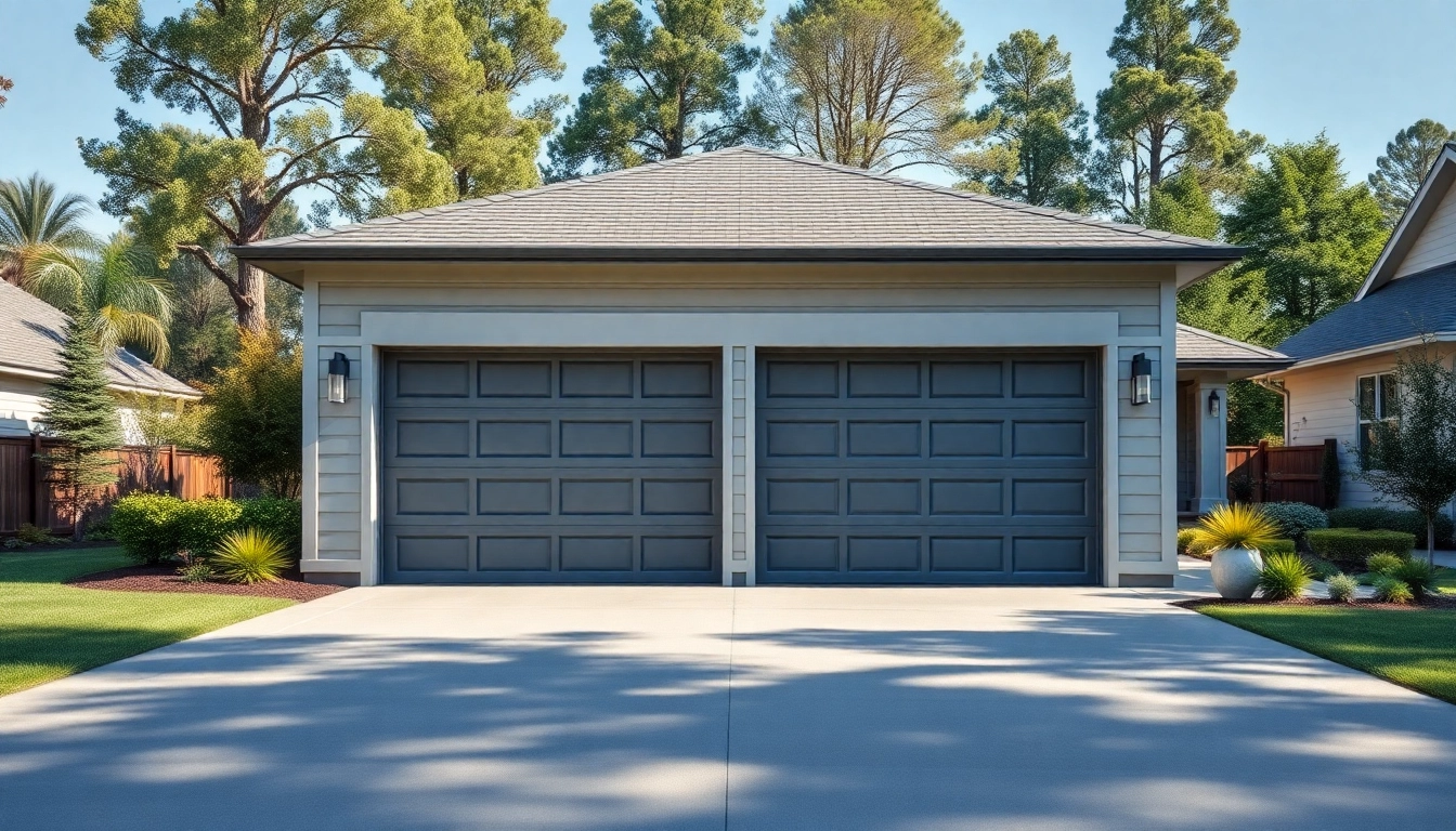 Showcase your custom garages with a stylish two-car design amidst a beautiful landscape.