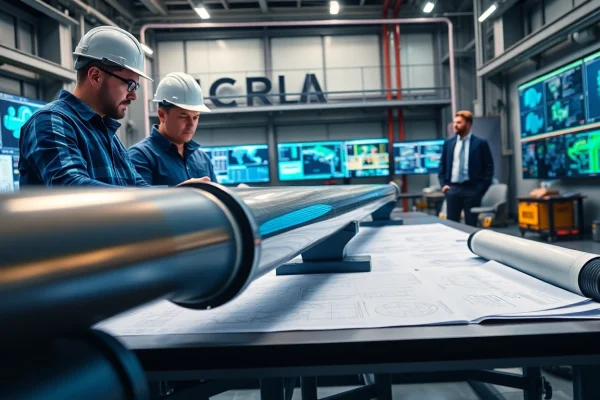 Piping stress analysis company team assessing data on a digital tablet in an industrial space.
