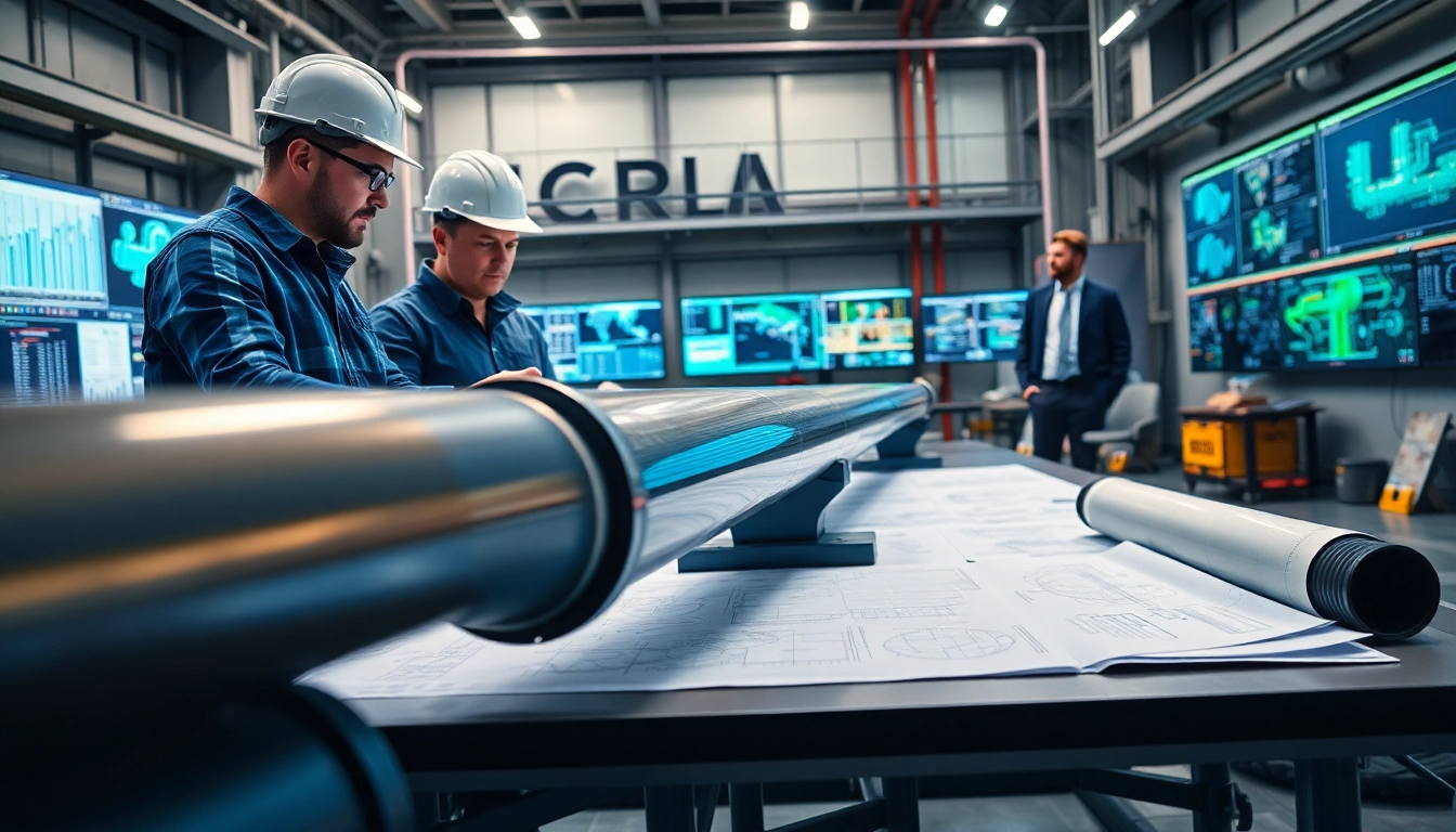Piping stress analysis company team assessing data on a digital tablet in an industrial space.