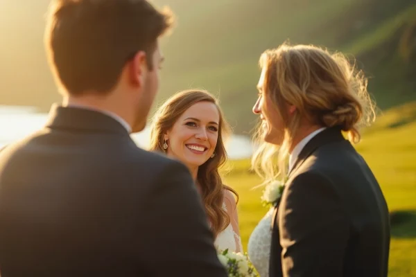 Wedding videographer in Ireland capturing a couple’s heartfelt moment during sunset in a picturesque landscape.