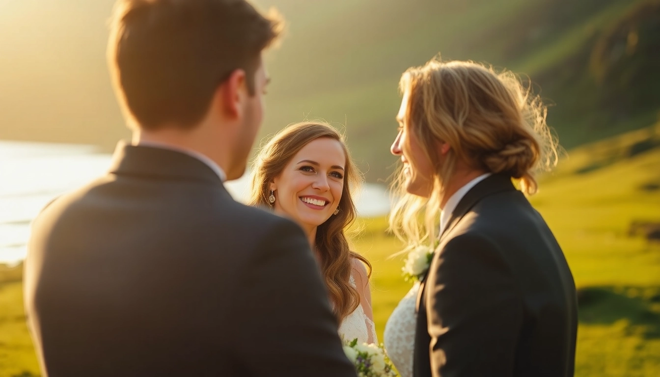Wedding videographer in Ireland capturing a couple’s heartfelt moment during sunset in a picturesque landscape.