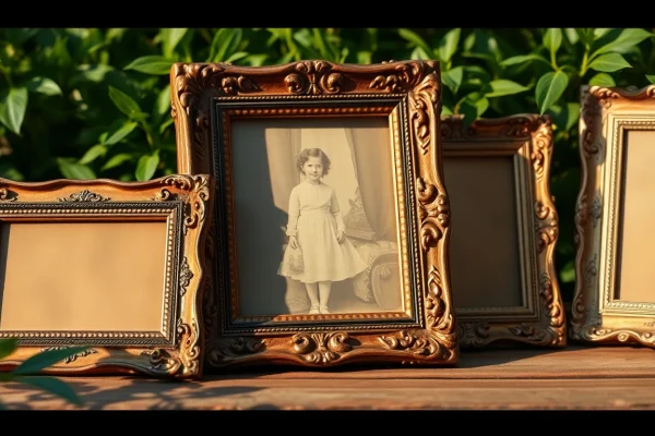 Showcasing vintage frames on a rustic table, highlighting their intricate designs and textures.