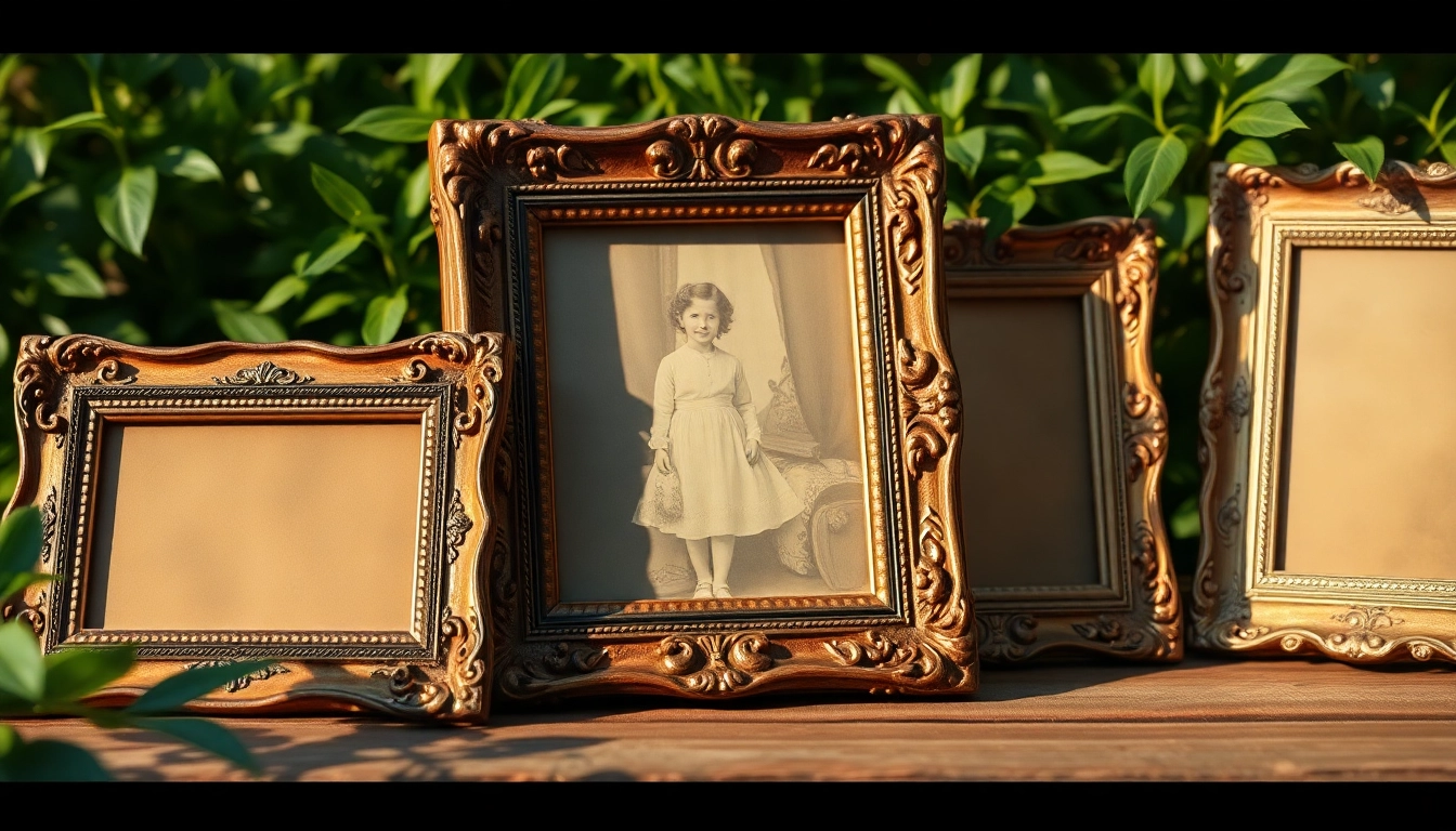 Showcasing vintage frames on a rustic table, highlighting their intricate designs and textures.