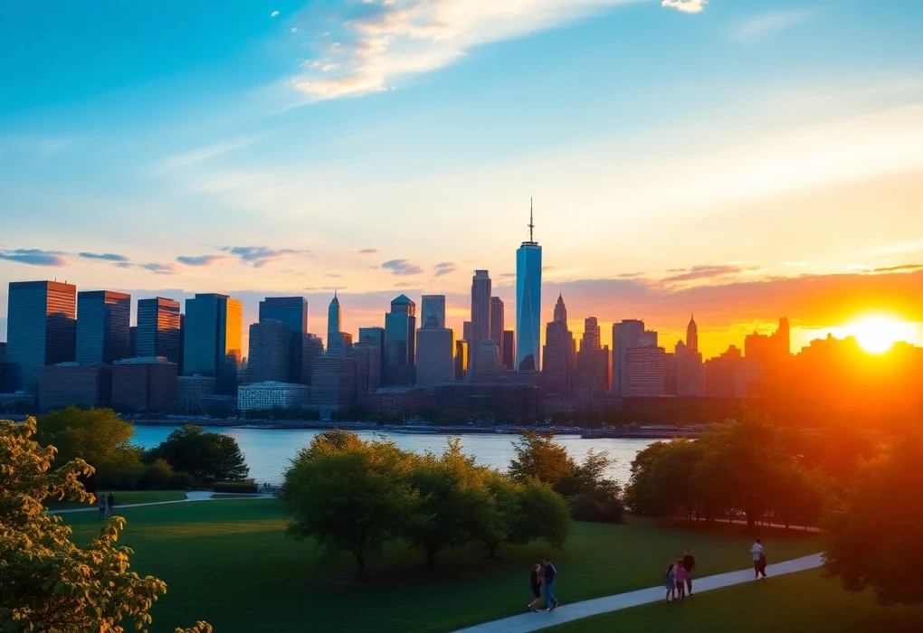 Experience the stunning skyline of Jersey City NJ alongside Liberty State Park's lush greens.