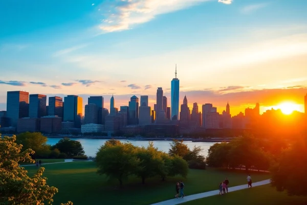 Experience the stunning skyline of Jersey City NJ alongside Liberty State Park's lush greens.