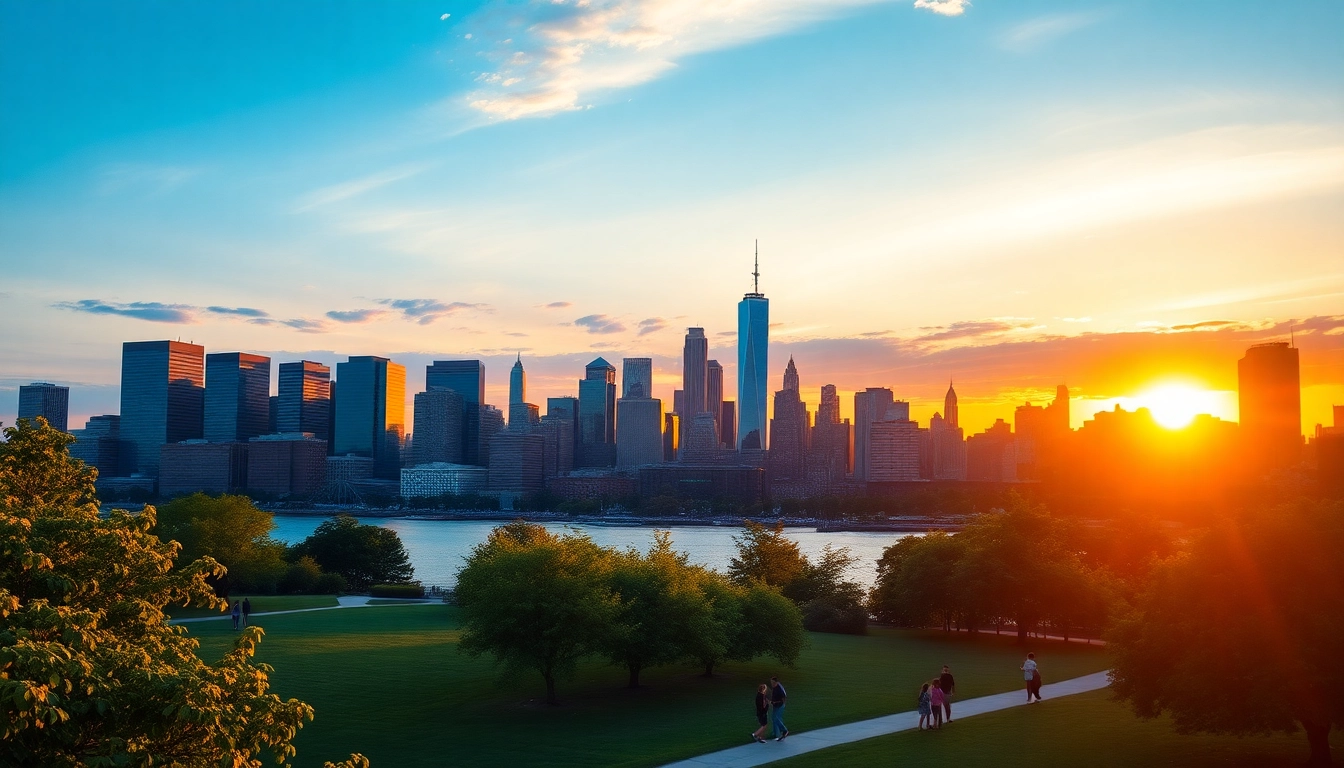 Experience the stunning skyline of Jersey City NJ alongside Liberty State Park's lush greens.