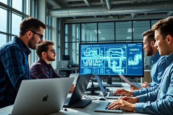 Piping stress analysis company engineers collaborating on advanced piping systems in a modern office.