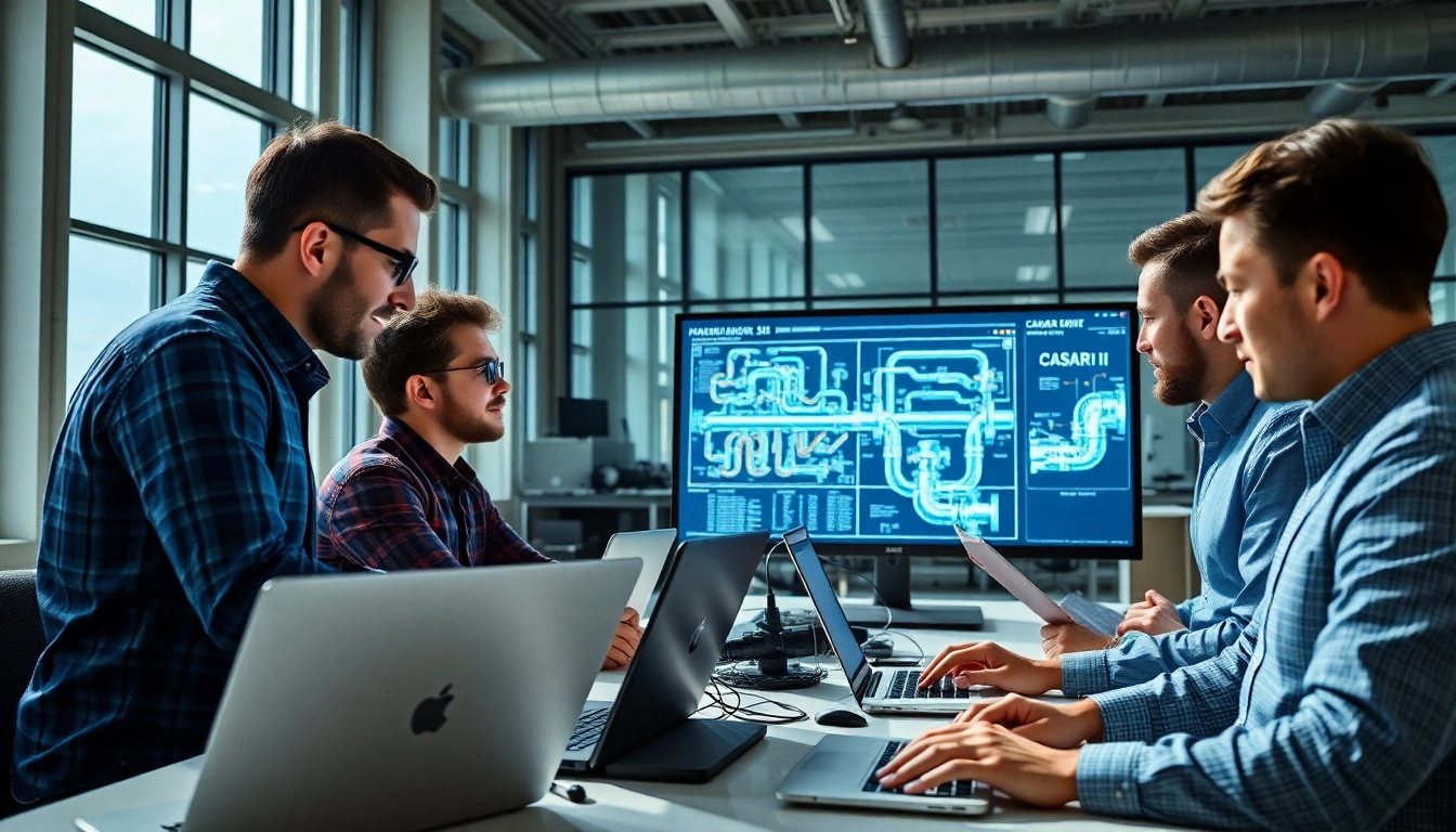 Piping stress analysis company engineers collaborating on advanced piping systems in a modern office.