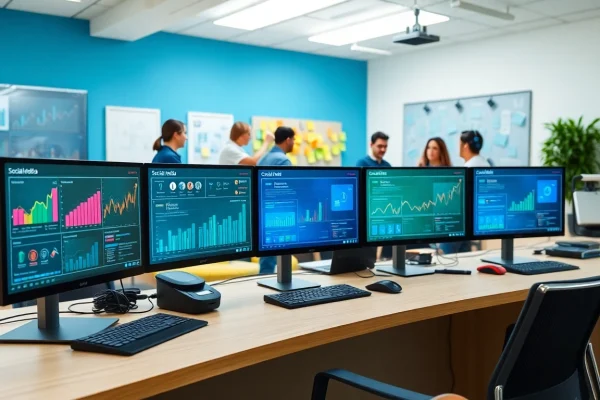How a Social Media Agency Can Elevate Your Brand Presence Engaged team at a social media agency brainstorming with digital tools and analytics.